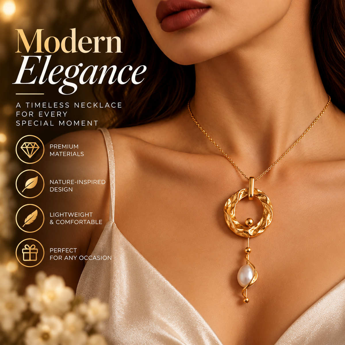 Textured Circle Pearl Necklace – Elegant Gold Necklace with Pearl Pendant Detail