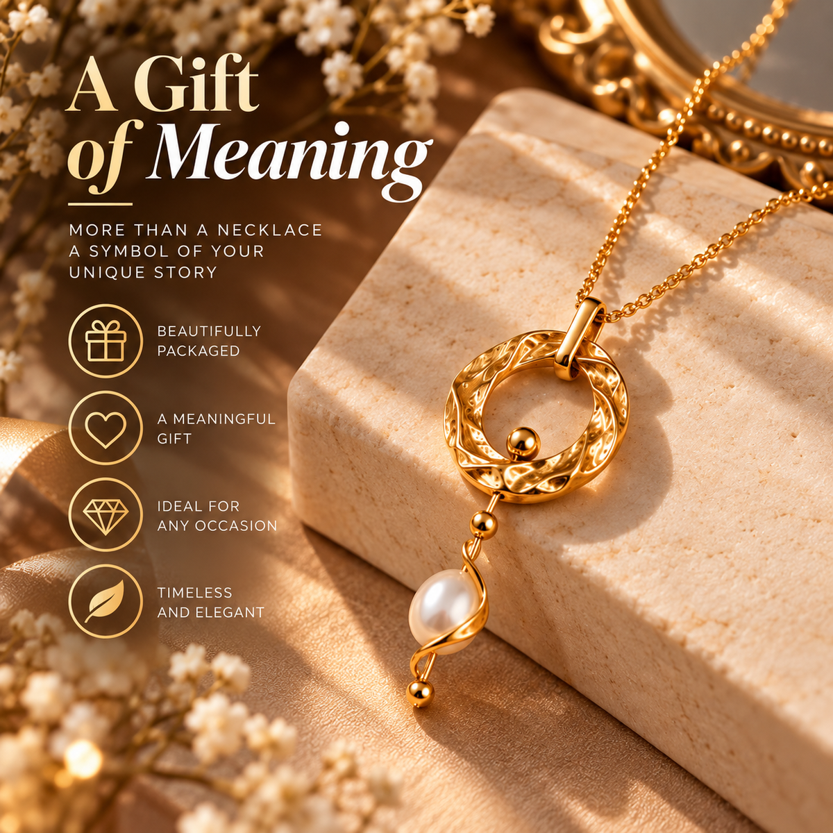 Textured Circle Pearl Necklace – Elegant Gold Necklace with Pearl Pendant Detail