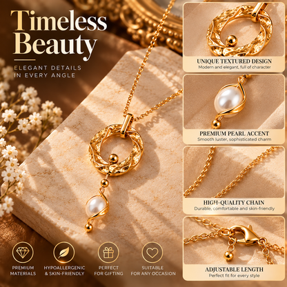 Textured Circle Pearl Necklace – Elegant Gold Necklace with Pearl Pendant Detail