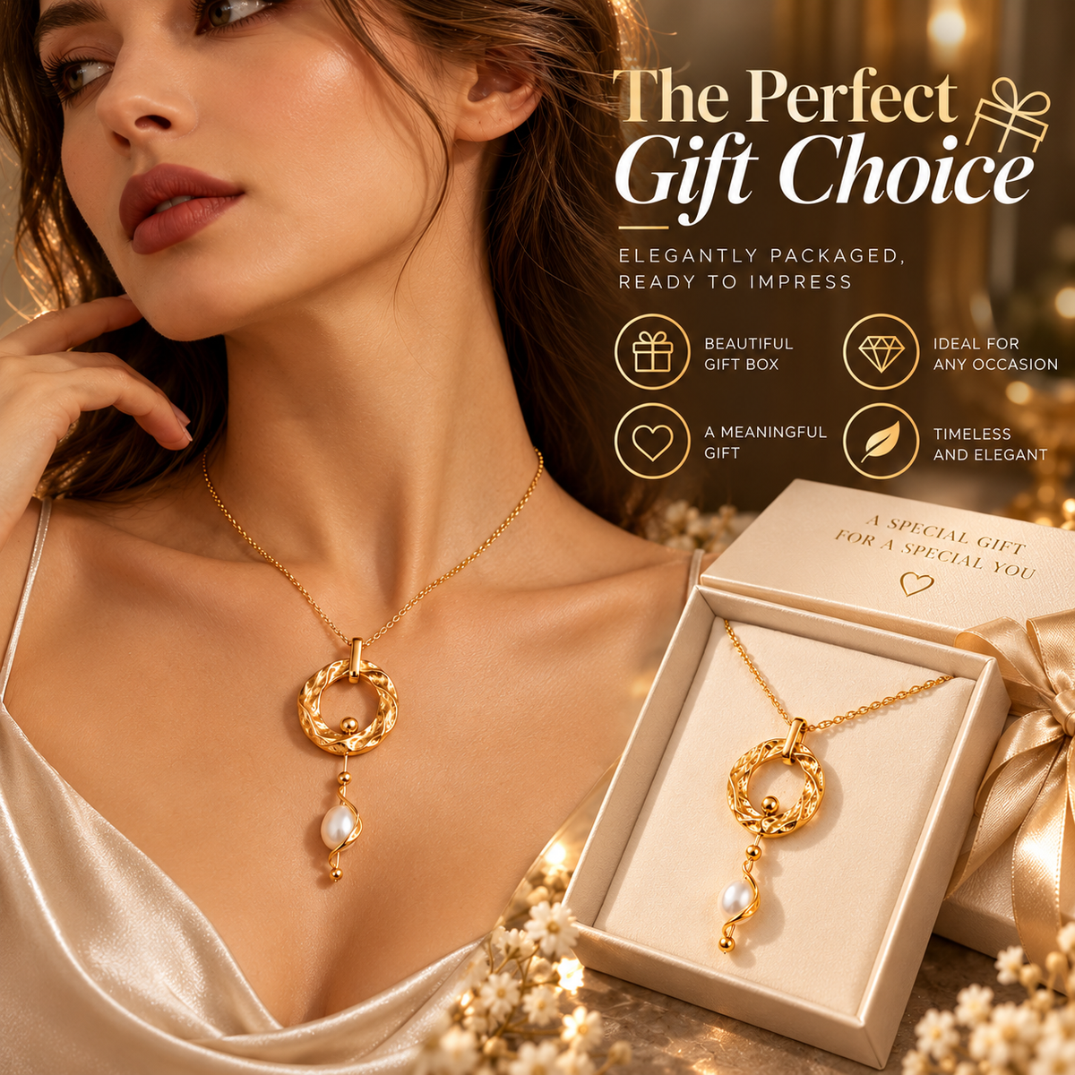 Textured Circle Pearl Necklace – Elegant Gold Necklace with Pearl Pendant Detail
