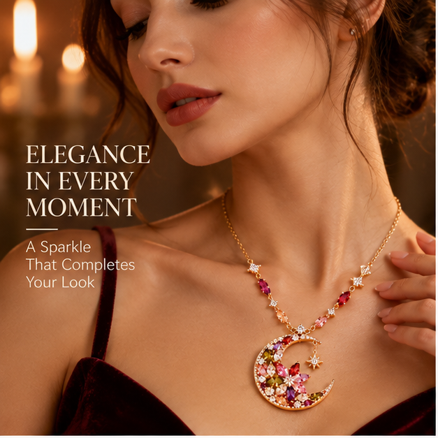 Moonlit Bloom Crescent Necklace – Floral Moon Pendant Necklace with Colorful Crystal Details
