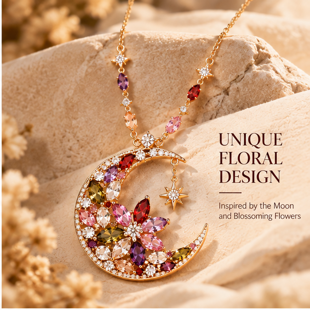 Moonlit Bloom Crescent Necklace – Floral Moon Pendant Necklace with Colorful Crystal Details