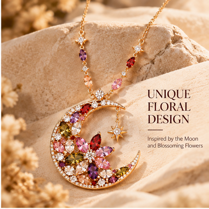 Moonlit Bloom Crescent Necklace – Floral Moon Pendant Necklace with Colorful Crystal Details