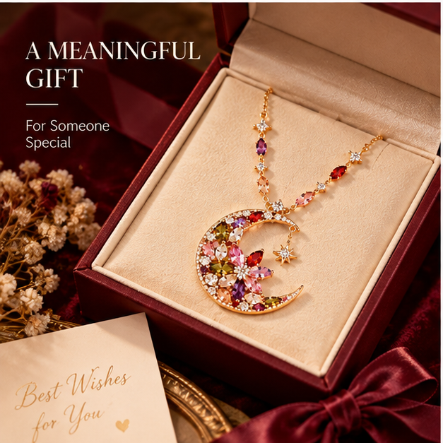 Moonlit Bloom Crescent Necklace – Floral Moon Pendant Necklace with Colorful Crystal Details