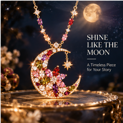 Moonlit Bloom Crescent Necklace – Floral Moon Pendant Necklace with Colorful Crystal Details